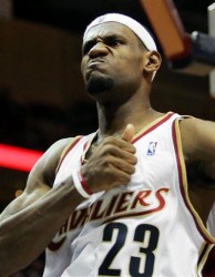 LeBron James gestures to the crowd after drawing a foul on a basket in the fourth quarter against the Boston Celtics 