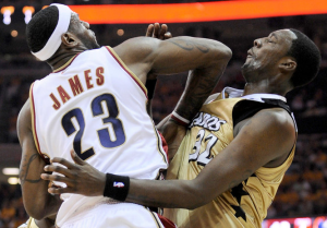 Lebron James responded with an elbow to Andray Blatche